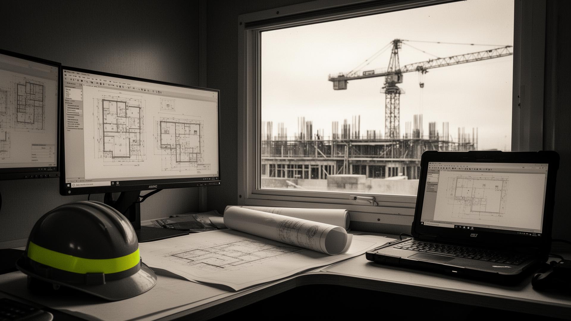 Construction jobsite trailer interior with monitors, blueprints, hardhat, and a tower crane visible through the window.