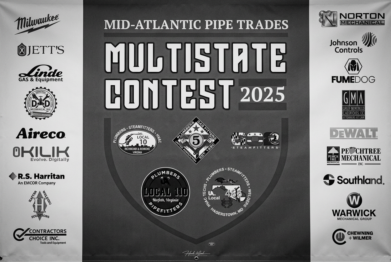 Kilik sponsor — Mid-Atlantic Pipe Trades Multistate Contest 2025, supporting Local 10, Local 110, Local 5, Local 602, and Local 486.